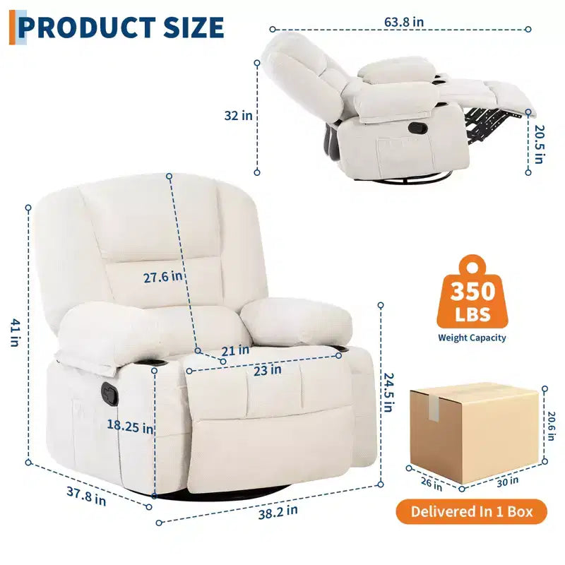 Fauteuil inclinable à bascule avec massage et chauffage – Pivotant à 306°, extra large, en chenille ou PU