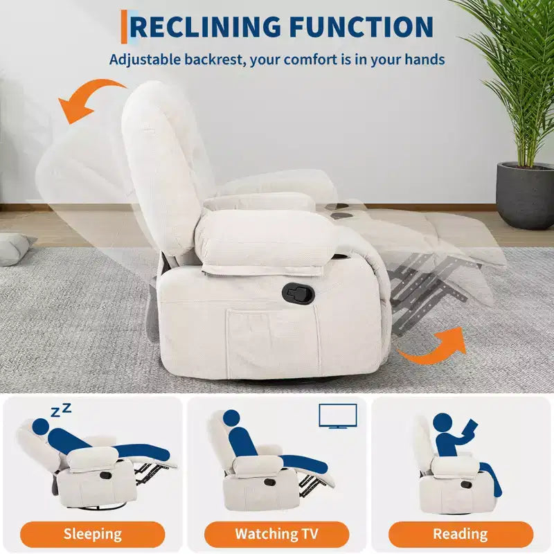 Fauteuil inclinable à bascule avec massage et chauffage – Pivotant à 306°, extra large, en chenille ou PU