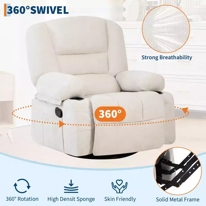 Fauteuil inclinable à bascule avec massage et chauffage – Pivotant à 306°, extra large, en chenille ou PU