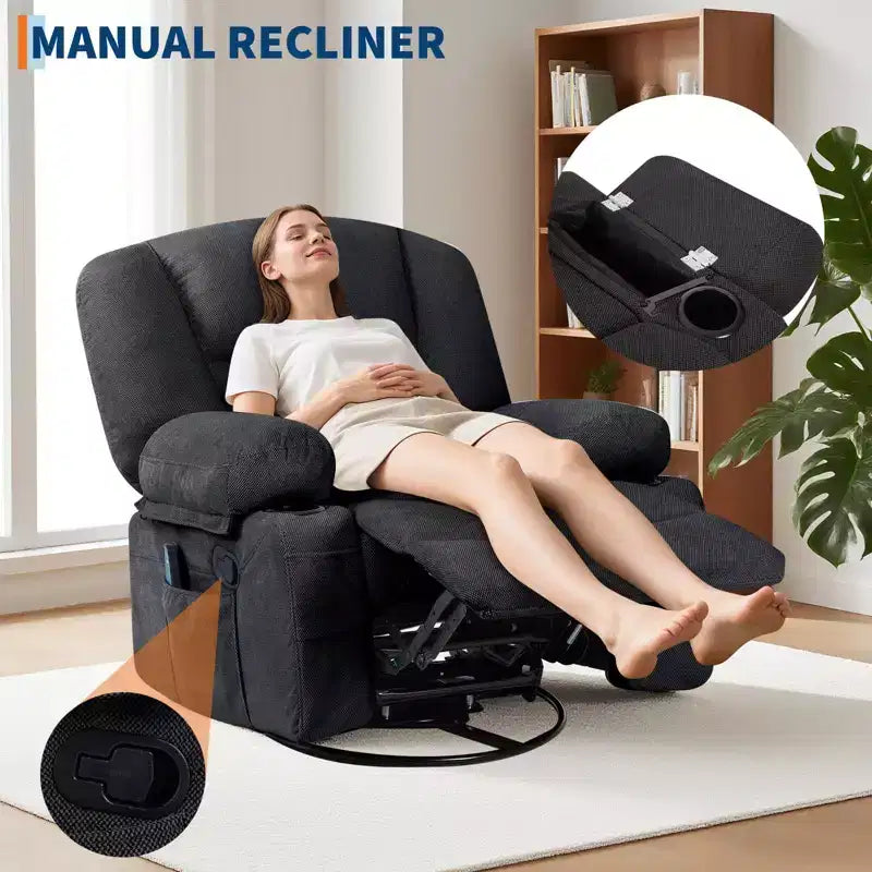 Fauteuil inclinable à bascule avec massage et chauffage – Pivotant à 306°, extra large, en chenille ou PU