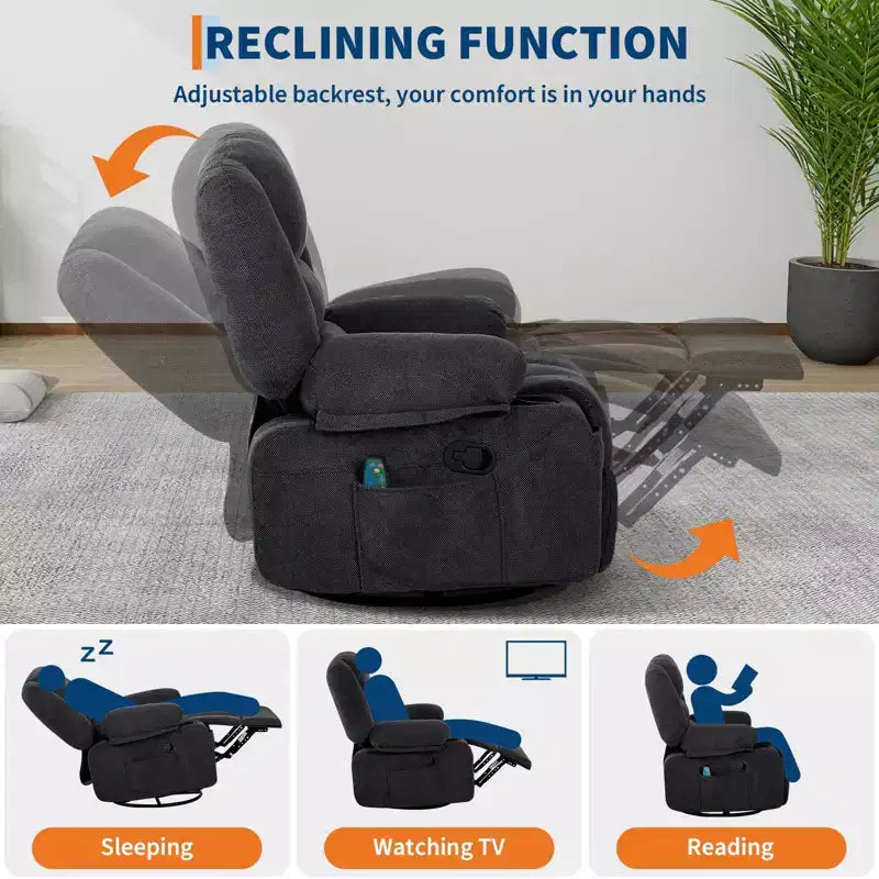 Fauteuil inclinable à bascule avec massage et chauffage – Pivotant à 306°, extra large, en chenille ou PU