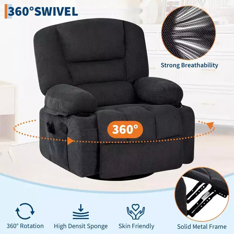 Fauteuil inclinable à bascule avec massage et chauffage – Pivotant à 306°, extra large, en chenille ou PU