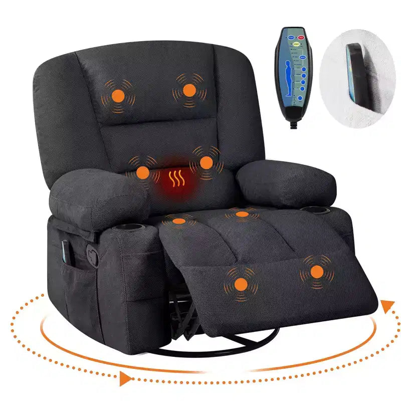 Fauteuil inclinable à bascule avec massage et chauffage – Pivotant à 306°, extra large, en chenille ou PU