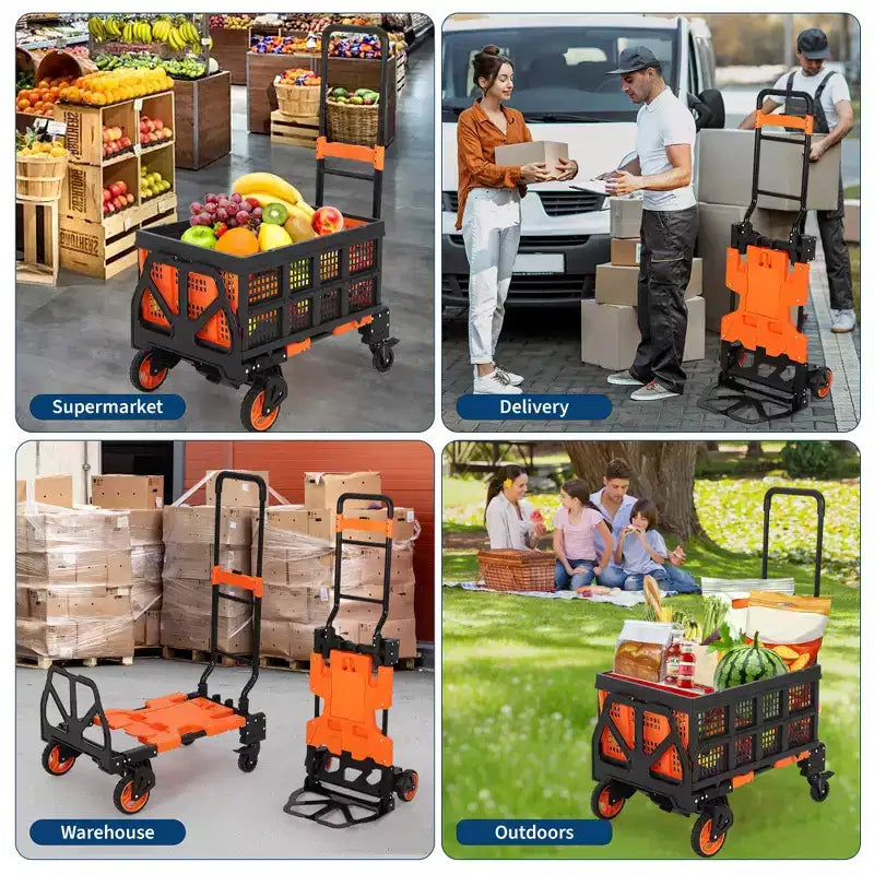 Diable pliant 2 en 1 avec panier, poignée rétractable et 4 roues – 150 kg