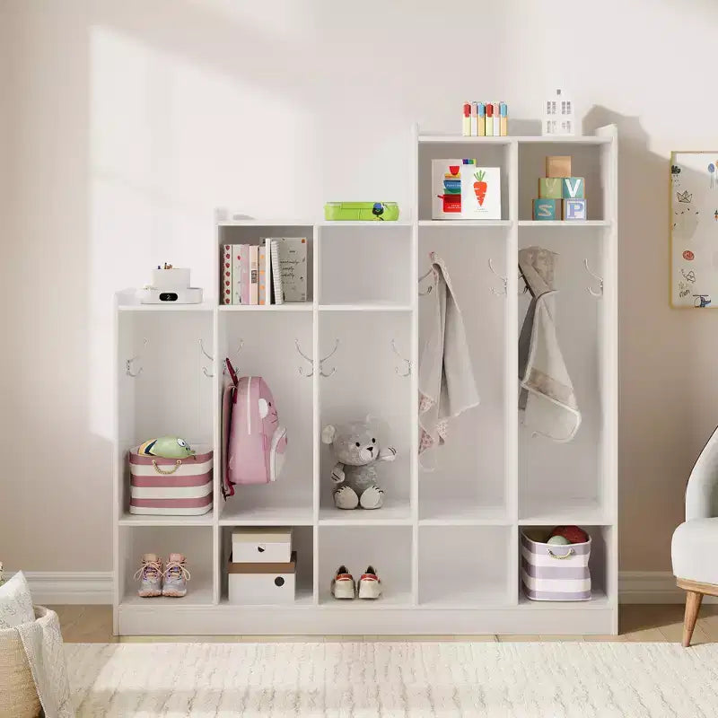 Vestiaire d'école à 5 sections avec 10 crochets, Organisateur de rangement avec 9 casiers pour la maison, la crèche, l'école, la maternelle