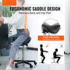 Tabouret de selle réglable en hauteur avec roulettes – 180 kg, Cuir PU, Pivotant à 360°, Noir