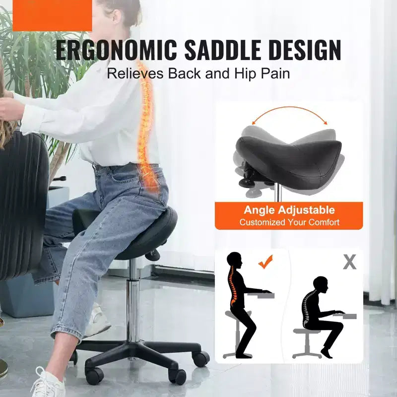 Tabouret de selle réglable en hauteur avec roulettes – 180 kg, Cuir PU, Pivotant à 360°, Noir