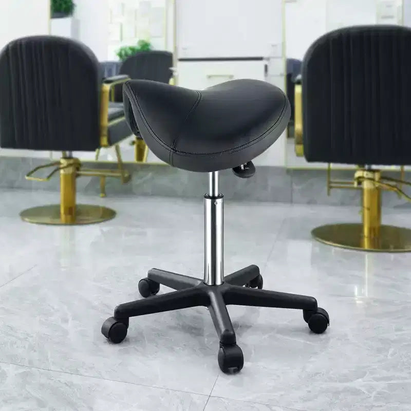 Tabouret de selle réglable en hauteur avec roulettes – 180 kg, Cuir PU, Pivotant à 360°, Noir