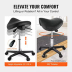 Tabouret de selle réglable en hauteur avec roulettes – 180 kg, Cuir PU, Pivotant à 360°, Noir