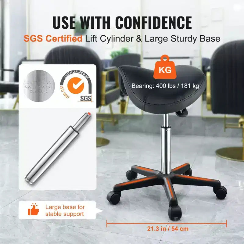 Tabouret de selle réglable en hauteur avec roulettes – 180 kg, Cuir PU, Pivotant à 360°, Noir