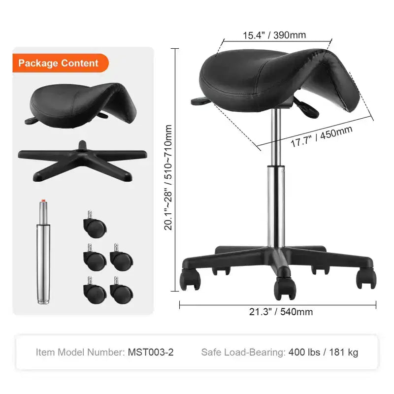 Tabouret de selle réglable en hauteur avec roulettes – 180 kg, Cuir PU, Pivotant à 360°, Noir