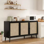 JVNOXK Modern Sideboard with 3 Rattan Doors, Kitchen Storage Console Cabinet, Suitable for Entryway/Living Room (Large, Black)