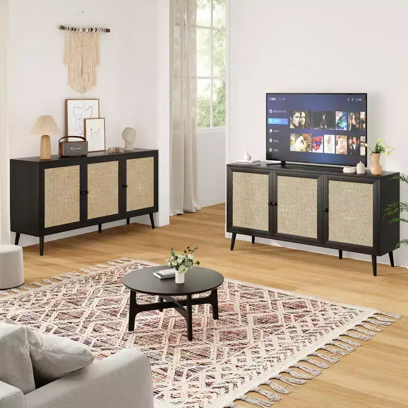 Bahut moderne noir avec 3 portes en rotin – Console de rangement de cuisine 150 cm