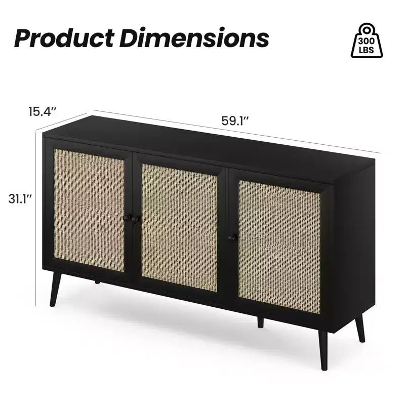 Bahut moderne noir avec 3 portes en rotin – Console de rangement de cuisine 150 cm