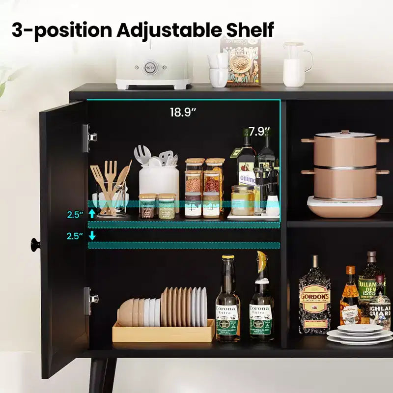 Bahut moderne noir avec 3 portes en rotin – Console de rangement de cuisine 150 cm