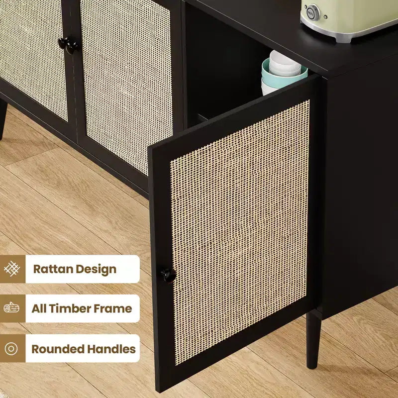Bahut moderne noir avec 3 portes en rotin – Console de rangement de cuisine 150 cm