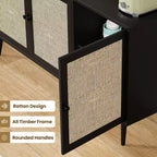Bahut moderne noir avec 3 portes en rotin – Console de rangement de cuisine 150 cm