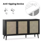 Bahut moderne noir avec 3 portes en rotin – Console de rangement de cuisine 150 cm