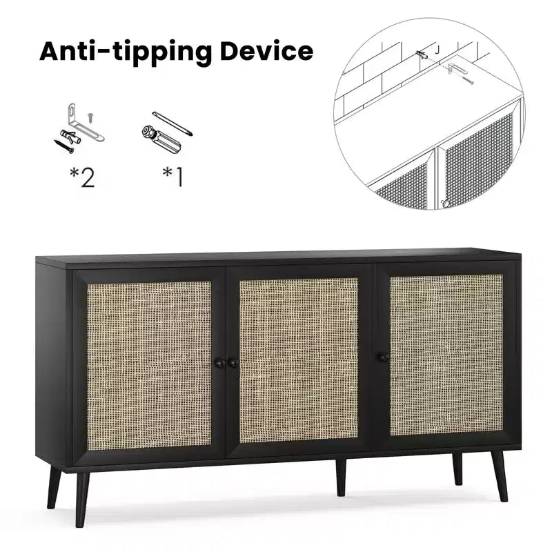 Bahut moderne noir avec 3 portes en rotin – Console de rangement de cuisine 150 cm