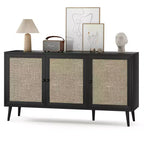 Bahut moderne noir avec 3 portes en rotin – Console de rangement de cuisine 150 cm