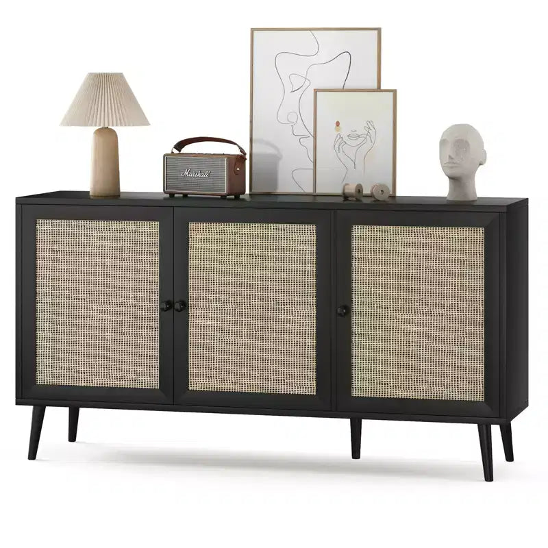 Bahut moderne noir avec 3 portes en rotin – Console de rangement de cuisine 150 cm