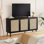 Bahut moderne noir avec 3 portes en rotin – Console de rangement de cuisine 150 cm