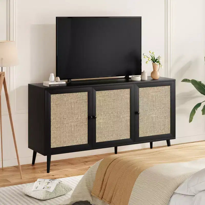 Bahut moderne noir avec 3 portes en rotin – Console de rangement de cuisine 150 cm