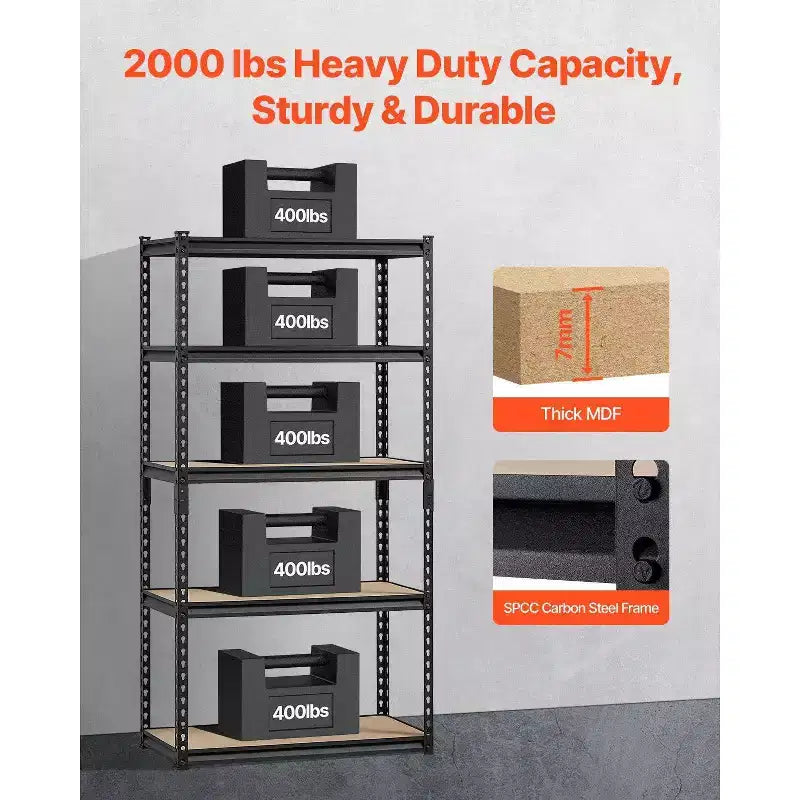 Étagères de rangement de garage réglables à 5 niveaux de 63 po – Métal noir, capacité de charge de 2000 lb