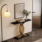 Console moderne de luxe avec pieds en métal doré en forme de X – Plateau noir, 109 cm