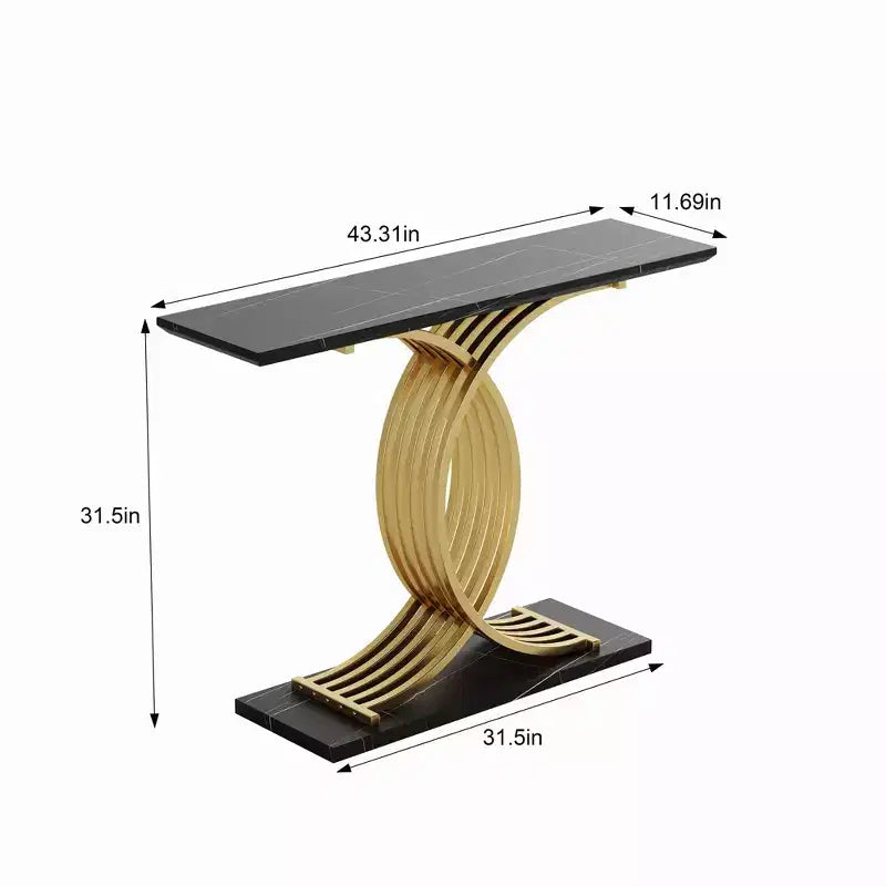 Console moderne de luxe avec pieds en métal doré en forme de X – Plateau noir, 109 cm