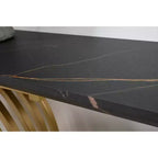 Console moderne de luxe avec pieds en métal doré en forme de X – Plateau noir, 109 cm