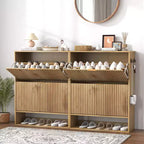Shoe Cabinet, Entryway Cabinet  2-Pack Oak Fluted Cabinets with Flip Drawers Open Shelf Side Hooks Slim