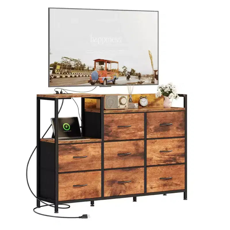 Meuble TV avec plateau en bois – 8 tiroirs en tissu et 1 étagère, compatible avec les téléviseurs jusqu'à 50 pouces