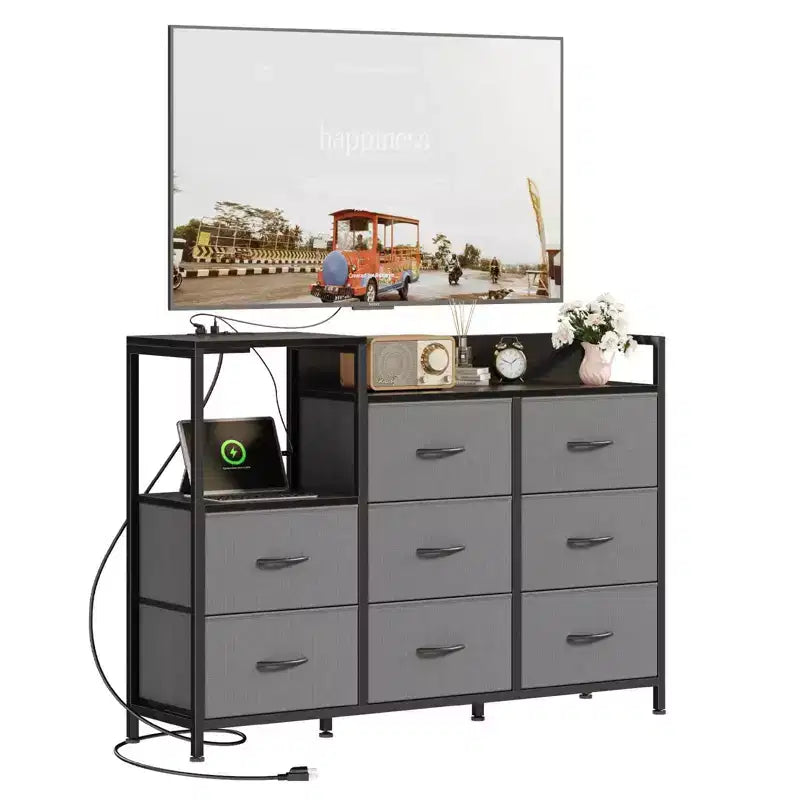Meuble TV avec plateau en bois – 8 tiroirs en tissu et 1 étagère, compatible avec les téléviseurs jusqu'à 50 pouces