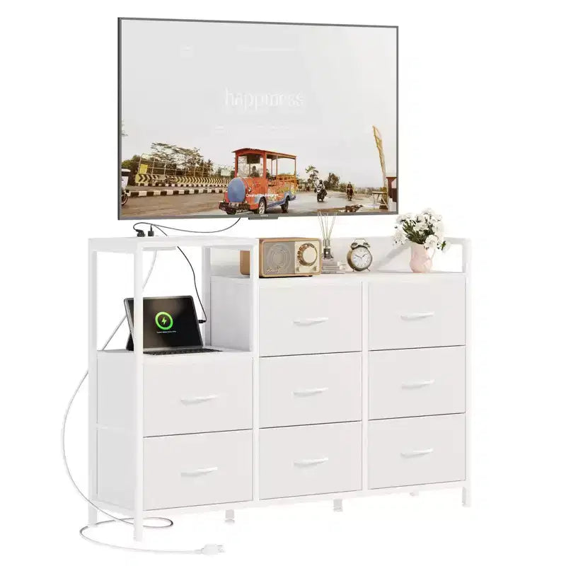 Meuble TV avec plateau en bois – 8 tiroirs en tissu et 1 étagère, compatible avec les téléviseurs jusqu'à 50 pouces