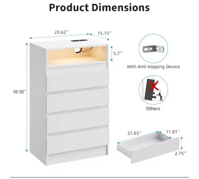 Commode 4 tiroirs avec station de charge et lumières LED, meuble de rangement pour chambre, salon, entrée, blanc