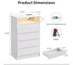 Commode 4 tiroirs avec station de charge et lumières LED, meuble de rangement pour chambre, salon, entrée, blanc