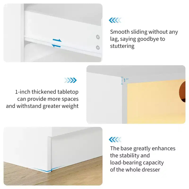 Commode 4 tiroirs avec station de charge et lumières LED, meuble de rangement pour chambre, salon, entrée, blanc