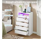 Commode 4 tiroirs avec station de charge et lumières LED, meuble de rangement pour chambre, salon, entrée, blanc
