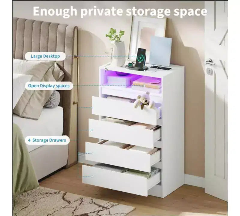Commode 4 tiroirs avec station de charge et lumières LED, meuble de rangement pour chambre, salon, entrée, blanc