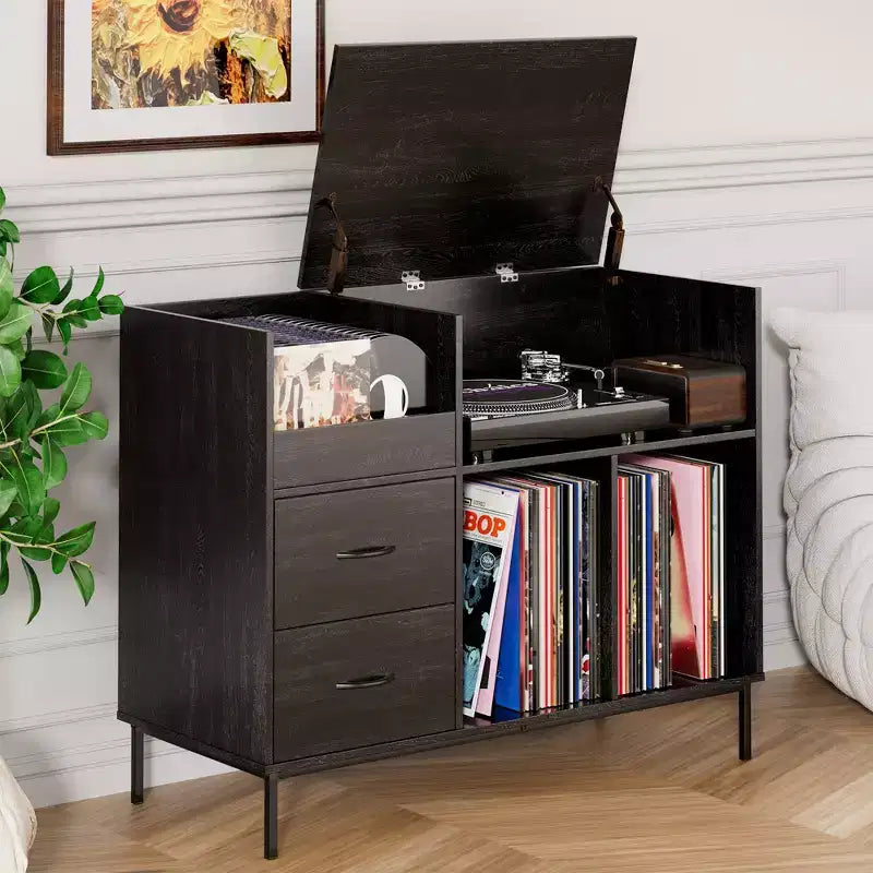 Record Player Stand with Adjustable Shelves, Holds 350+ Vinyls, Media Console with Speaker Shelf & 2 Drawers, 27.6 Turntable TV Stand