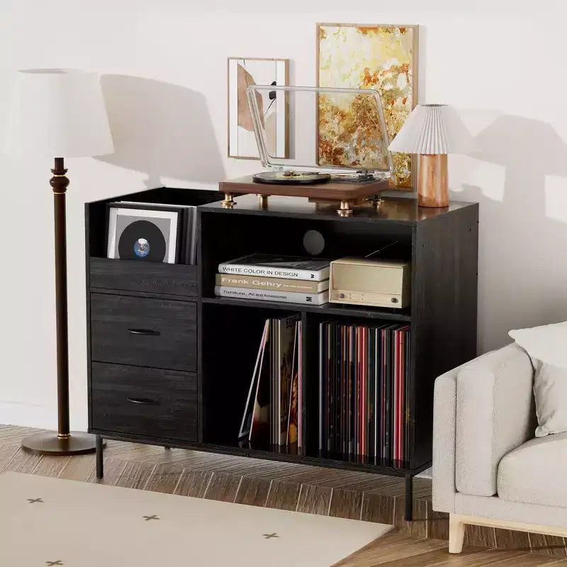 Meuble tourne-disque avec étagères réglables, peut contenir plus de 350 vinyles, console multimédia avec étagère pour enceintes et 2 tiroirs, meuble TV/tourne-disque de 27,6 po