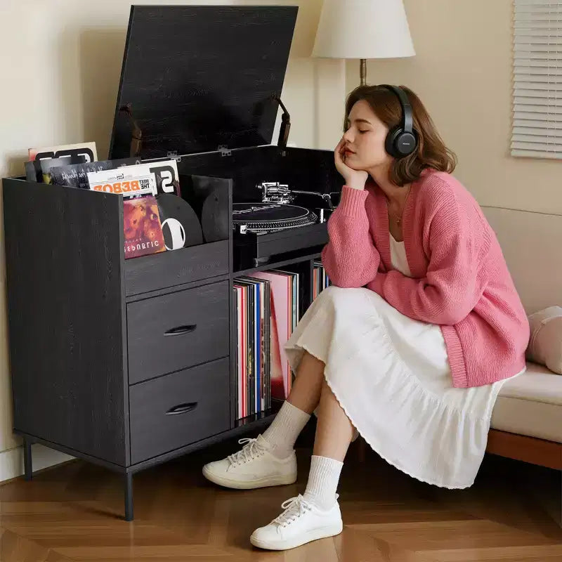 Meuble tourne-disque avec étagères réglables, peut contenir plus de 350 vinyles, console multimédia avec étagère pour enceintes et 2 tiroirs, meuble TV/tourne-disque de 27,6 po