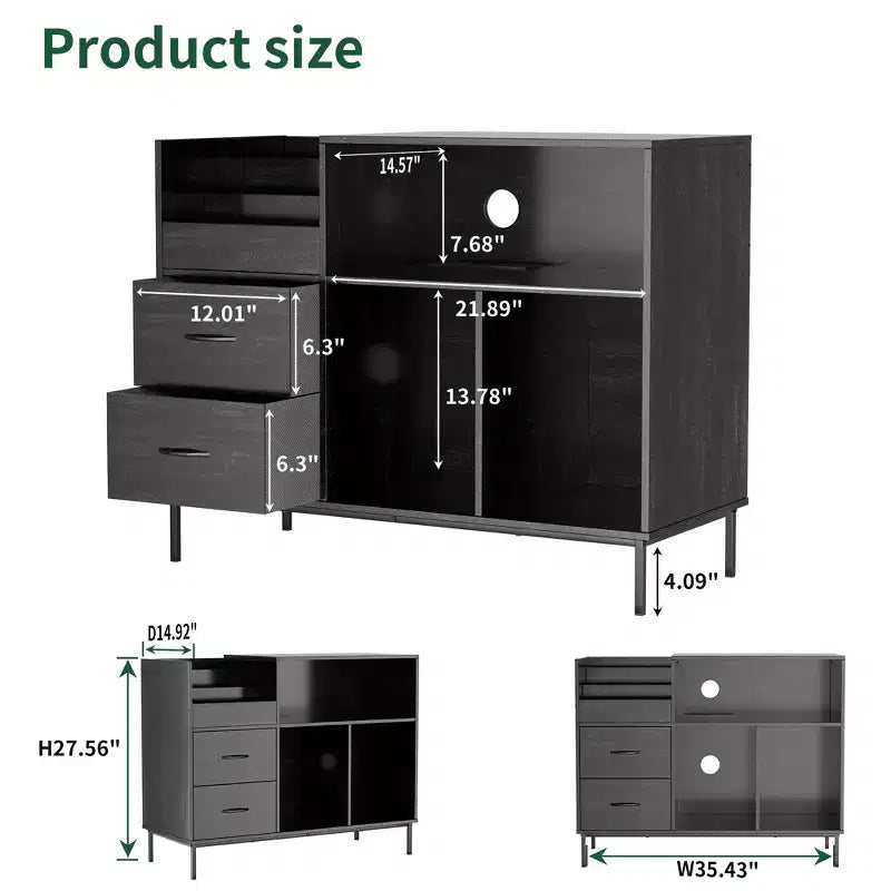 Meuble tourne-disque avec étagères réglables, peut contenir plus de 350 vinyles, console multimédia avec étagère pour enceintes et 2 tiroirs, meuble TV/tourne-disque de 27,6 po