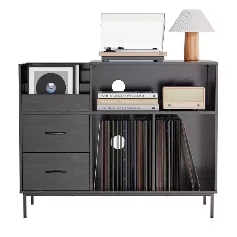 Meuble tourne-disque avec étagères réglables, peut contenir plus de 350 vinyles, console multimédia avec étagère pour enceintes et 2 tiroirs, meuble TV/tourne-disque de 27,6 po