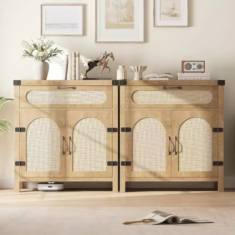 Buffet en rotin avec tiroir, Buffet en bois naturel avec portes en rotin et étagères réglables, Armoire de rangement d'appoint pour salon
