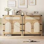 Buffet en rotin avec tiroir, Buffet en bois naturel avec portes en rotin et étagères réglables, Armoire de rangement d'appoint pour salon