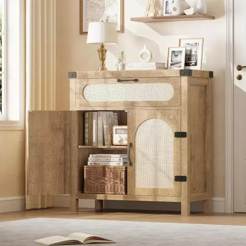 Buffet en rotin avec tiroir, Buffet en bois naturel avec portes en rotin et étagères réglables, Armoire de rangement d'appoint pour salon