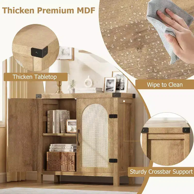 Buffet en rotin avec tiroir, Buffet en bois naturel avec portes en rotin et étagères réglables, Armoire de rangement d'appoint pour salon