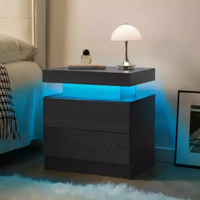 Table de chevet moderne avec 2 tiroirs – Table de chevet en grain de bois noir